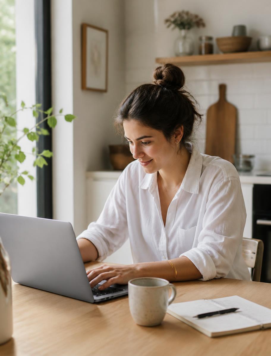 Someone working at a kitchen table with a laptop open
