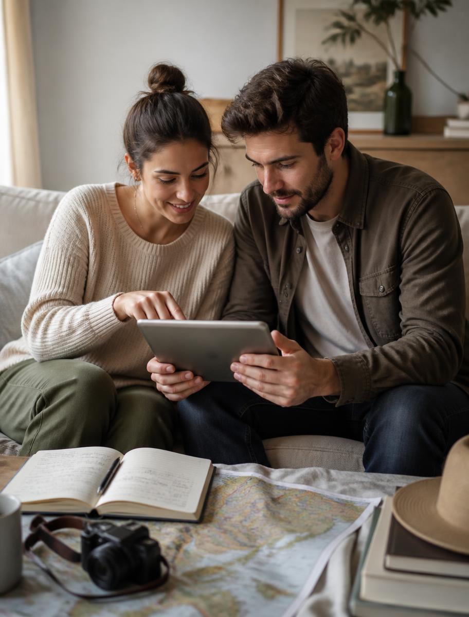 Two people planning a trip together on a tablet